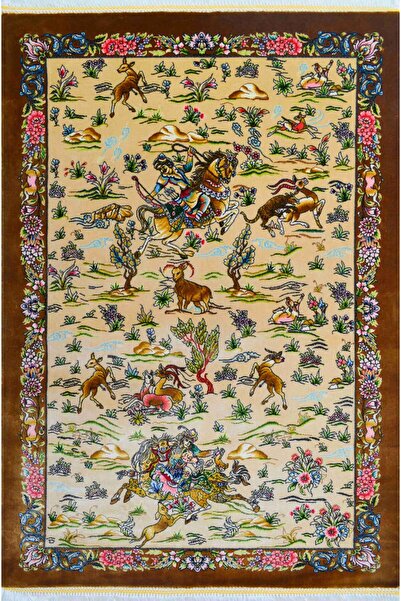 Quality Bambu İplikten Dokuma Av Sahnesi Tasvirli İran Duvar Halısı (60x90 cm)