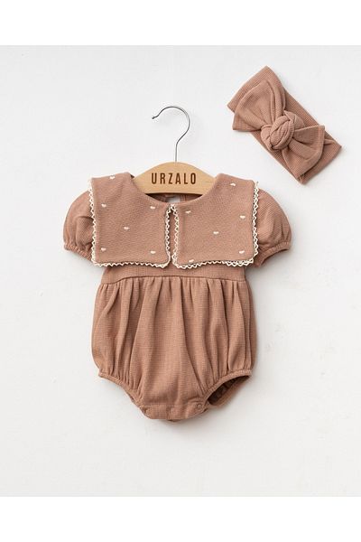 Jammybaby Square Collar Heart Embroidery Detailed Short Sleeve Waffle 100% Cotton Baby Girl Jumpsuit Romper and Bandana Set-Brown