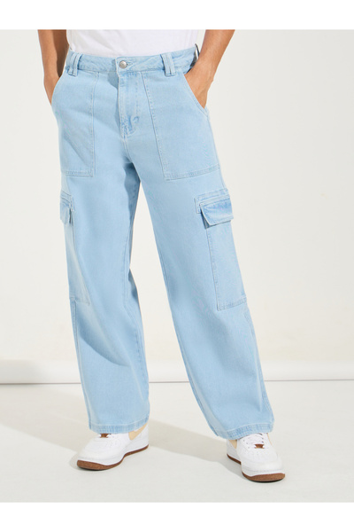 Blue Wide Leg Panelled Cargo Jeans