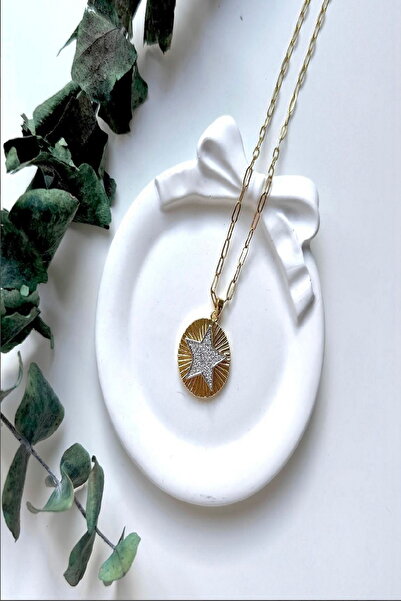 DEMOKAN Kadın Çelik Kolye Tırtık Plaka Sim Detay Yıldız Elips Zincir Kolye