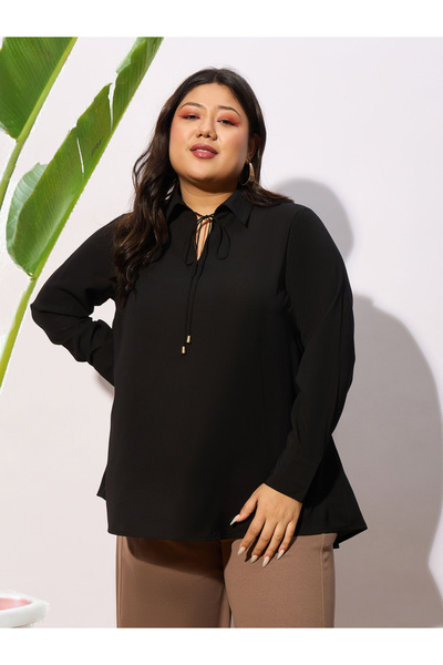 Sassafras By Styli Plus Solid Tie-Up Neck Top with Long Sleeve