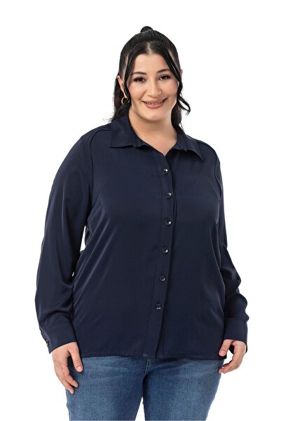 DISENTIS MODEST Büyük Beden Reglan Kollu Lacivert Gömlek