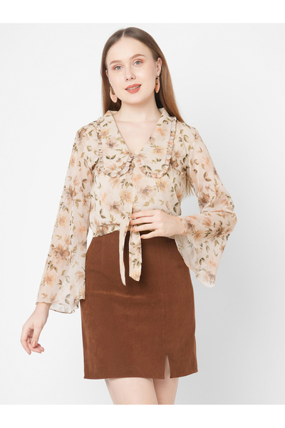 Mish By Styli Floral Print Collared Chiffon Top