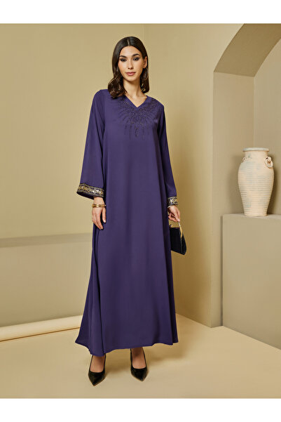 Styli Crepe Textured Embellished V Neck Jalabiya