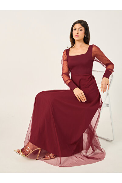 Styli فستان ماكسي بأكمام منفوخة ورقبة مربعة مع حشوة شبكية