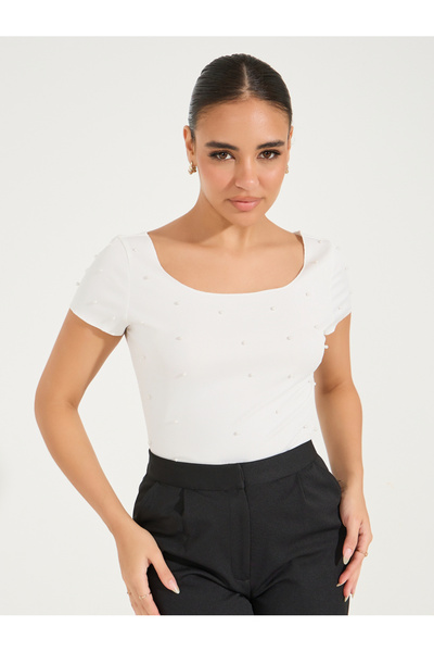 Styli Rib Knit Wide Neck Top with Pearl Embellished Detail