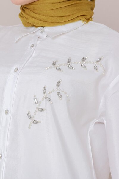 Sevitli Front Pearl Stone Embroidered Tunic-White