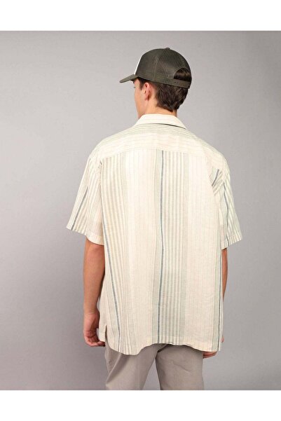 AMERICAN EAGLE AE Linen-Blend Striped Button-Up Poolside Shirt