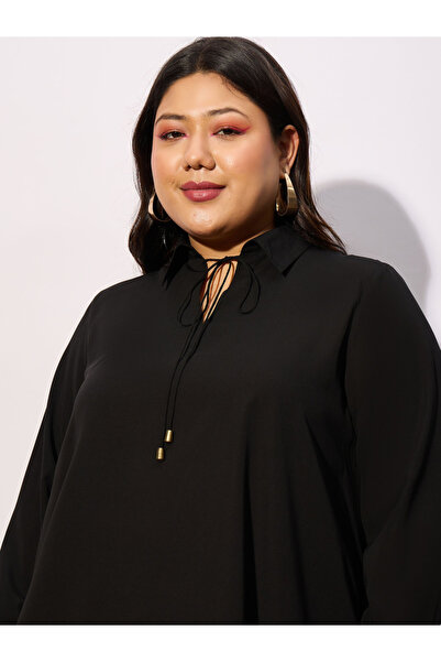 Sassafras By Styli Plus Solid Tie-Up Neck Top with Long Sleeve