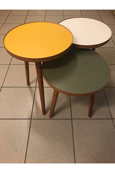 3.lü Zigon Sehpa 37cm Çapında 1.kalite Mdf Tabla Ekru Koyu Sarı Mint Yeşili Kullanıma Hazır MONTAJLI