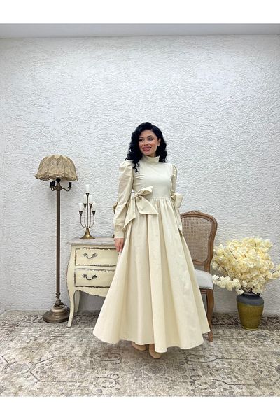KÜÇÜĞÜM BUTİK Hijab Beige Bow Long Poplin Flared Dress