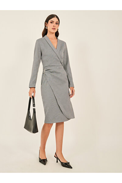 Styli Houndstooth Wrap Blazer Knee Length Dress with Buckle Detail