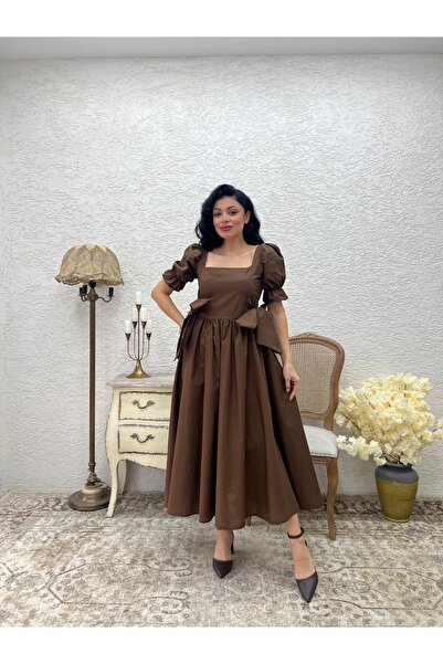 KÜÇÜĞÜM BUTİK Kahve Yandan Fiyonklu Kare Yaka Kloş Poplin Elbise