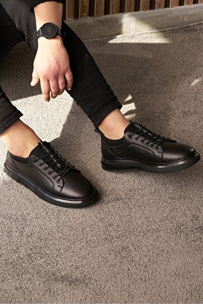 İmerShoes Tenis negru pentru bărbați - piele naturală, cu șireturi, talpă groasă și suport pentru gleznă 300