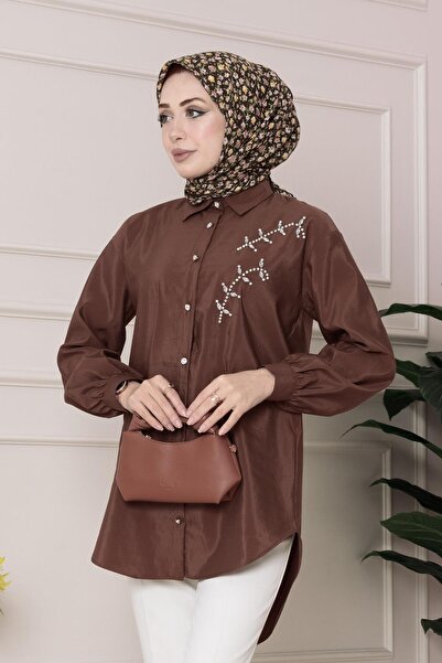 Sevitli Τούνικ με Πέτρα Πέρλα Κεντημένο στο Μπροστινό μέρος-Καφέ