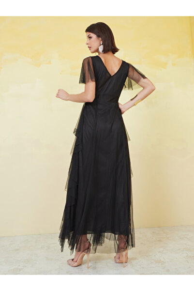 U&F By Styli Mesh Insert Frill Sleeve V-Neck Maxi Dress