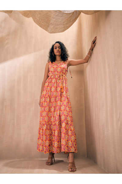 Sassafras By Styli Ikat Print Shoulder Tie Belted Tiered Maxi Dress