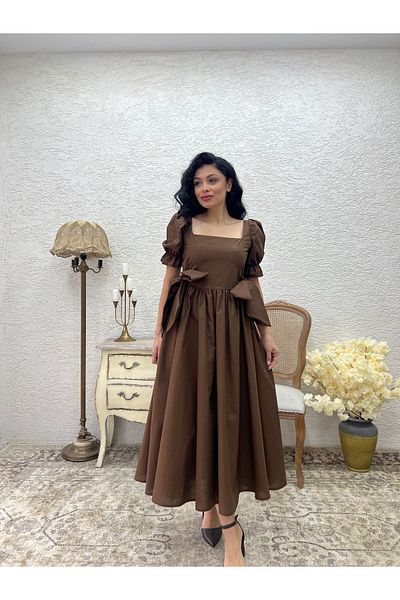 KÜÇÜĞÜM BUTİK Brown Side Bow Square Neck Flared Poplin Dress