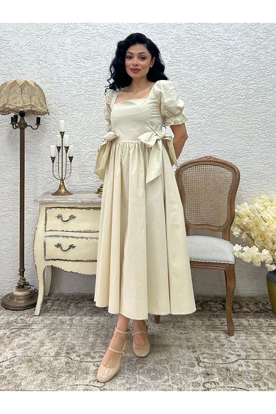 KÜÇÜĞÜM BUTİK Beige Side Bow Square Neck Flared Poplin Dress