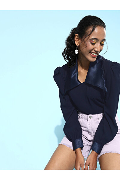 Mish By Styli Satin Collar Scallop Edge Top with Puff Sleeves