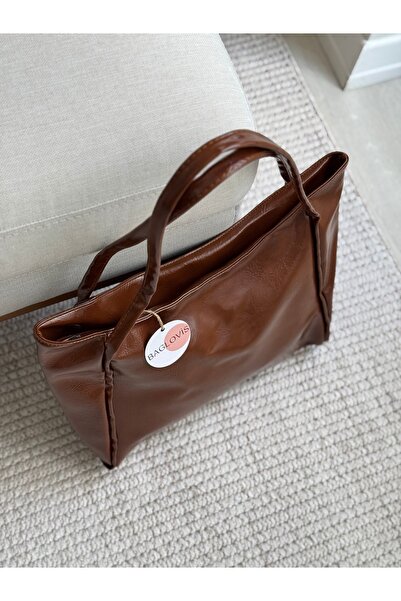 BAGLOVİS Large Size Soft Leather Textured Tan Women's Shoulder Bag