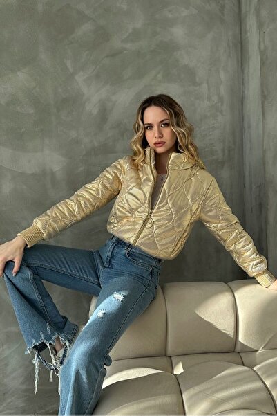 Caddebostan Moda Gold Zippered Shiny Coat Modern Premium Luxury Trend Design Coat