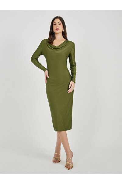 Styli Solid Cowl Neck Bodycon Midi Dress