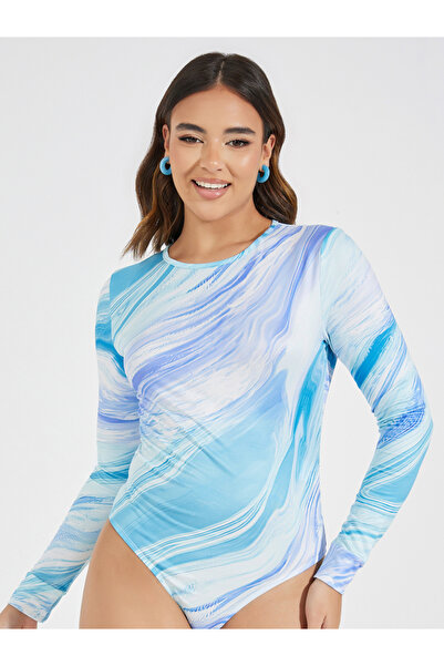 Styli بدلة جسم بطبعة رخامية برقبة دائرية