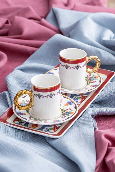 ACAR Red Francesca Porcelain Coffee Cup Set 5 Pieces for 2 People 90 Ml.