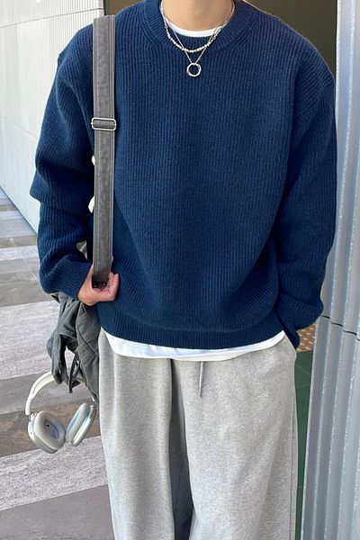 Tarz Cool Men's Matte Navy Blue Regular Fit Crew Neck Braided Knitwear