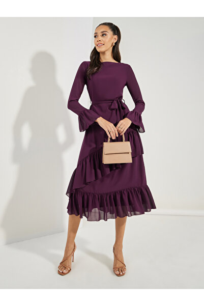 Styli Asymmetric Overlay Ruffled Midi Dress