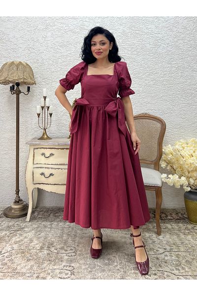 KÜÇÜĞÜM BUTİK Burgundy Side Bow Square Neck Flared Poplin Dress