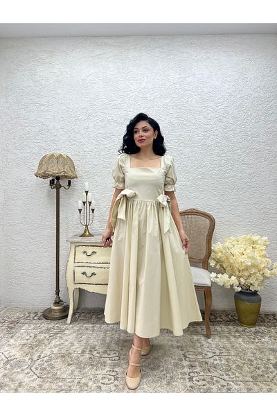 KÜÇÜĞÜM BUTİK Beige Side Bow Square Neck Flared Poplin Dress