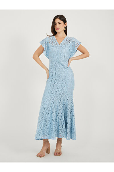 Styli Lace Insert Frill Sleeves Mermaid Hem Maxi Dress