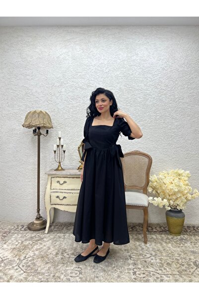 KÜÇÜĞÜM BUTİK Μαύρο Πλαϊνό Φιόγκο Τετράγωνο Γιακά Φόρεμα Ποπλίνα