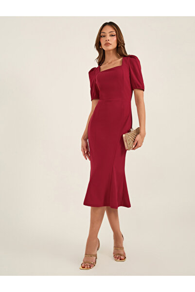 Luxewave By Styli Square Neck Puff Sleeve Mermaid Hem Midi Dress