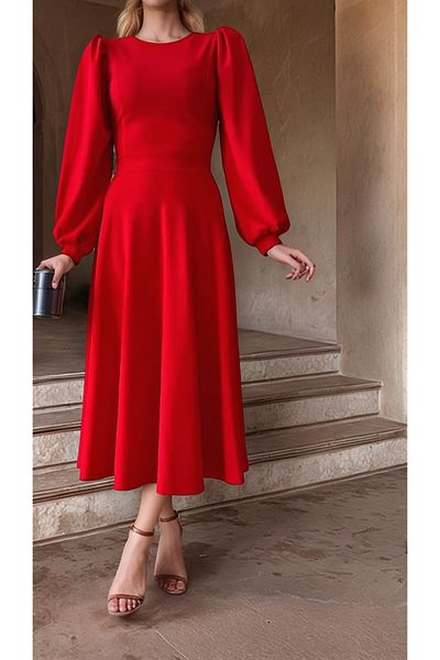 Trendusfashion New Season Crepe Fabric Balloon Sleeve Midi Length Dress