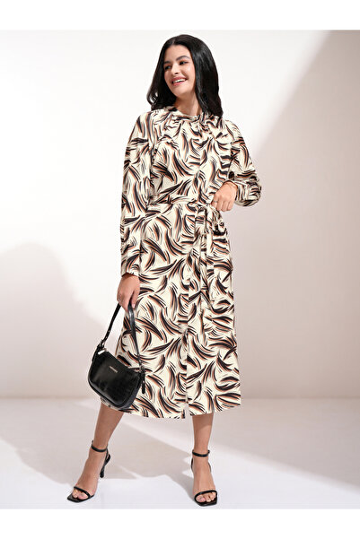 Tokyo Talkies By Styli All-Over Print A-Line Midi Dress with Waist Belt Detail