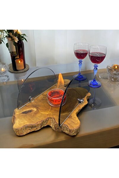 Home Zeytin Ağacı Dekoratif Büyük Boy Füme Camlı Dumansız Masa Üstü Şömine