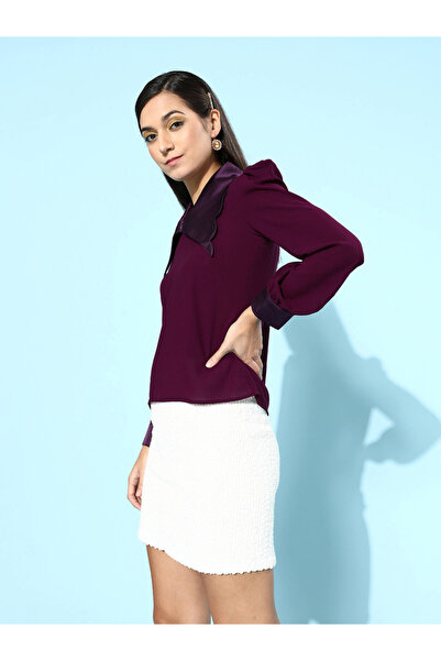 Mish By Styli Satin Collar Scallop Edge Top with Puff Sleeves