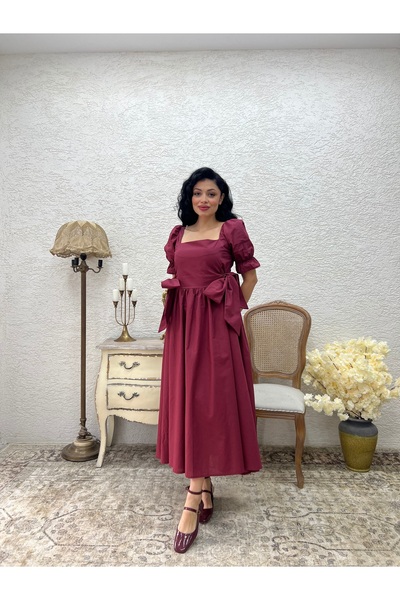 KÜÇÜĞÜM BUTİK Φόρεμα από μπορντό με φιόγκο με τετράγωνο γιακά με φουσκωτό ποπλίνα