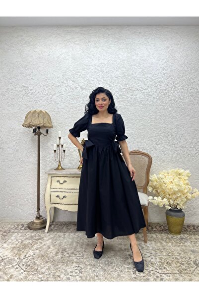 KÜÇÜĞÜM BUTİK Μαύρο Πλαϊνό Φιόγκο Τετράγωνο Γιακά Φόρεμα Ποπλίνα