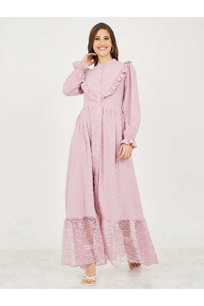 Styli فستان دوبي طويل بتفاصيل كشكش وحواف دانتيل