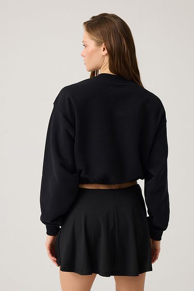 Los Ojos Black Crop Sweatshirt, Wide Fit Waist Drawstring Pullover