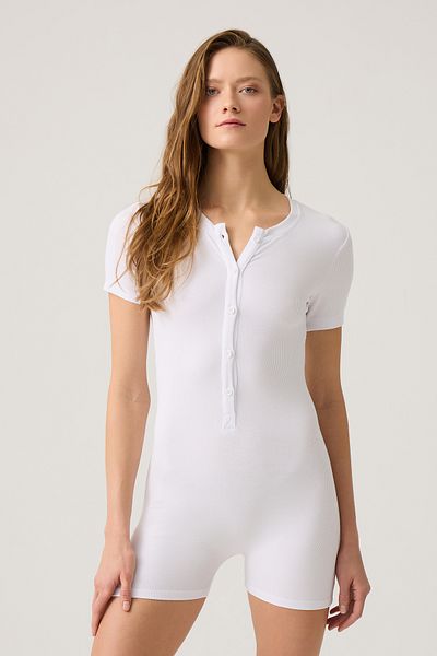 Los Ojos White Corded Short Sleeve Short Jumpsuit Short Romper