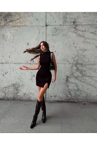 MODA Γυναικείο φόρεμα με φυτιλένιο πλεκτό γιακά με σχισμή αμάνικο μίνι λεπτό πλεκτό