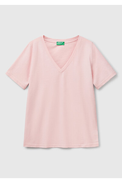 United Colors of Benetton Tricou roz pentru femei, 100% bumbac, cu decolteu în V