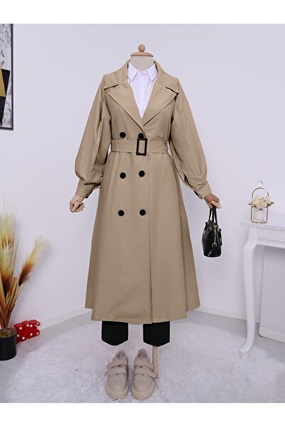 MM Mac Moda Balloon Sleeve Buckle Belted Trench Coat with Side Pockets