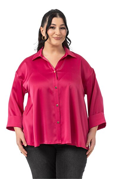 DISENTIS MODEST قميص فوشيا من الساتان بأكمام ثلاثة أرباع مقاس كبير