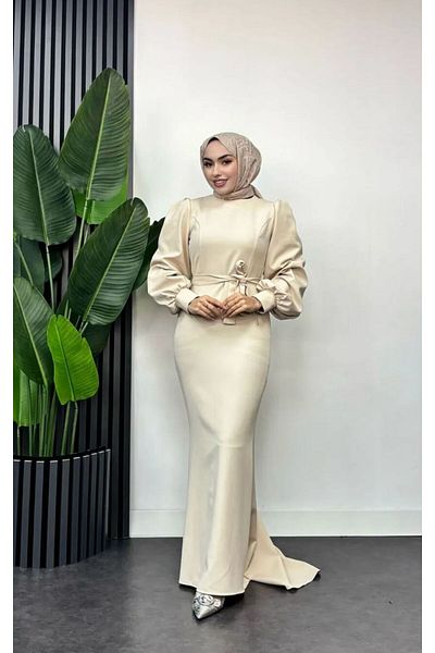 modasusev Balloon Sleeve Tail Hijab Dress